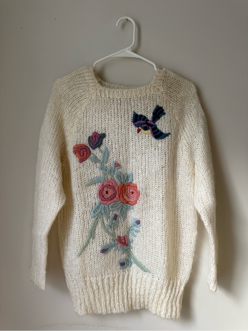 Cream Floral Embroidered Crewneck Sweater